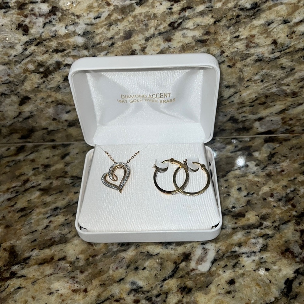 Diamond Accent Heart Necklace and Hoop Earrings